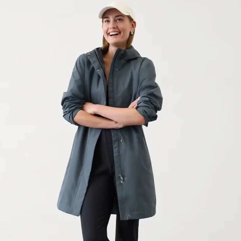 Athleta Rainout Ridge Long Trench Hooded Rain Jacket Eden Green Blue Medium